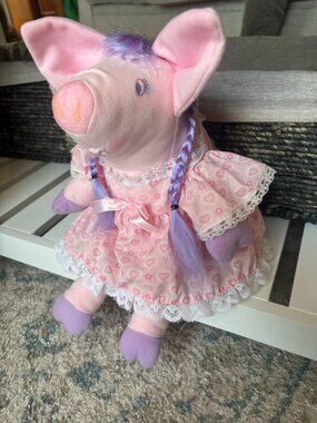 Vintage 1989 Hallmark Pretty Piggys Plush Doll Pink Dress Purple Braids